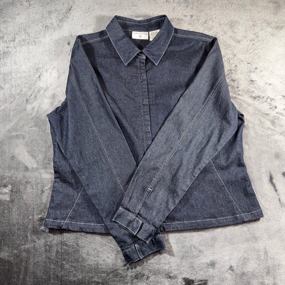 Kathy Ireland Womens XL Dark Wash Denim Snap Front Shirt Jacket Shacket Blue